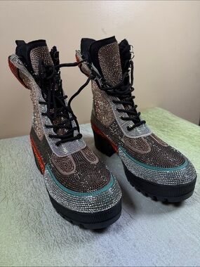 Embellished Multi-Color Platform Lace-Up Boots - Women's
